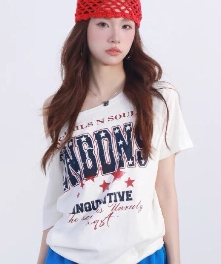 220 그램 92 면 8 암모니아 Lun 아메리칸 핫걸 비스듬한 어깨 알파벳 프린트 반팔 티셔츠 여성