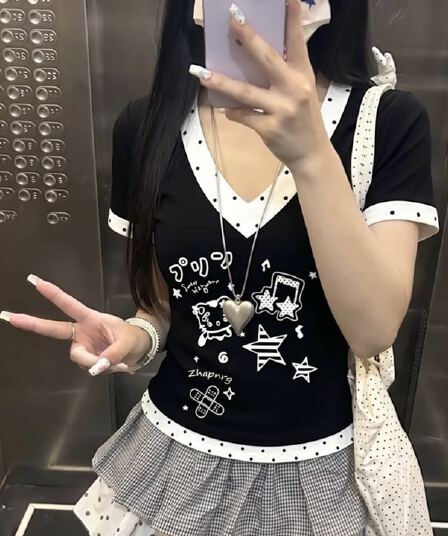 220 그램 40 빗질하다 92 면 8 암모니아 Lun 패치워크 도트 무늬 V넥 신축성 긍정적 인 어깨 몸매 가꾸기 반팔 티셔츠 여성