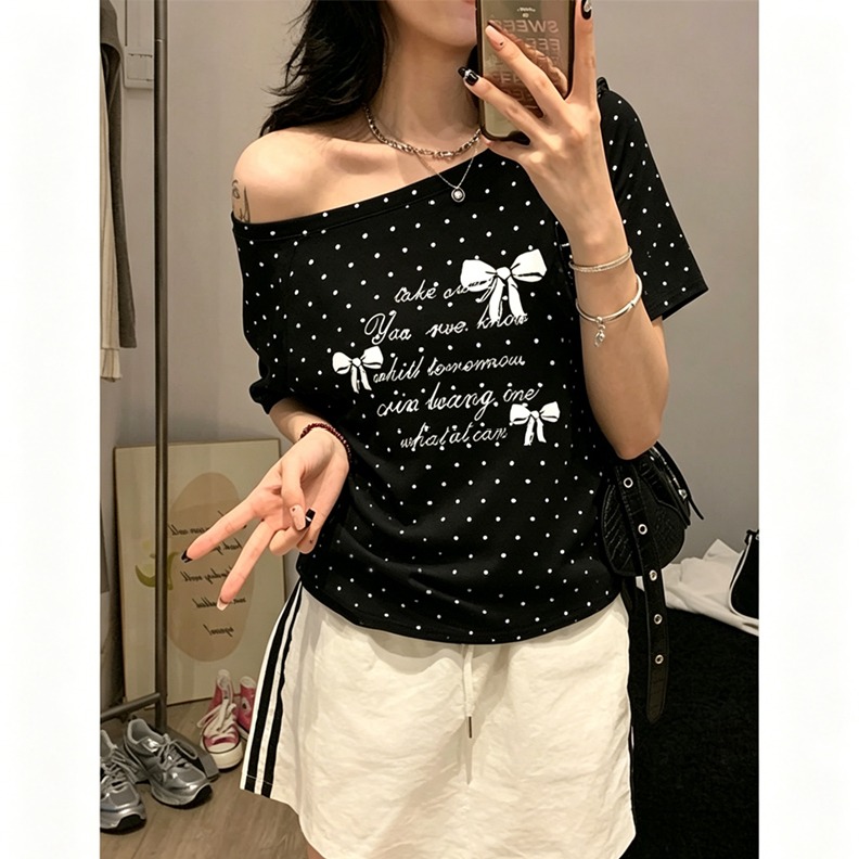 220 그램 40 순면 오스트리아 세대 서울 도트 무늬 비스듬한 어깨 반팔 티셔츠 여성