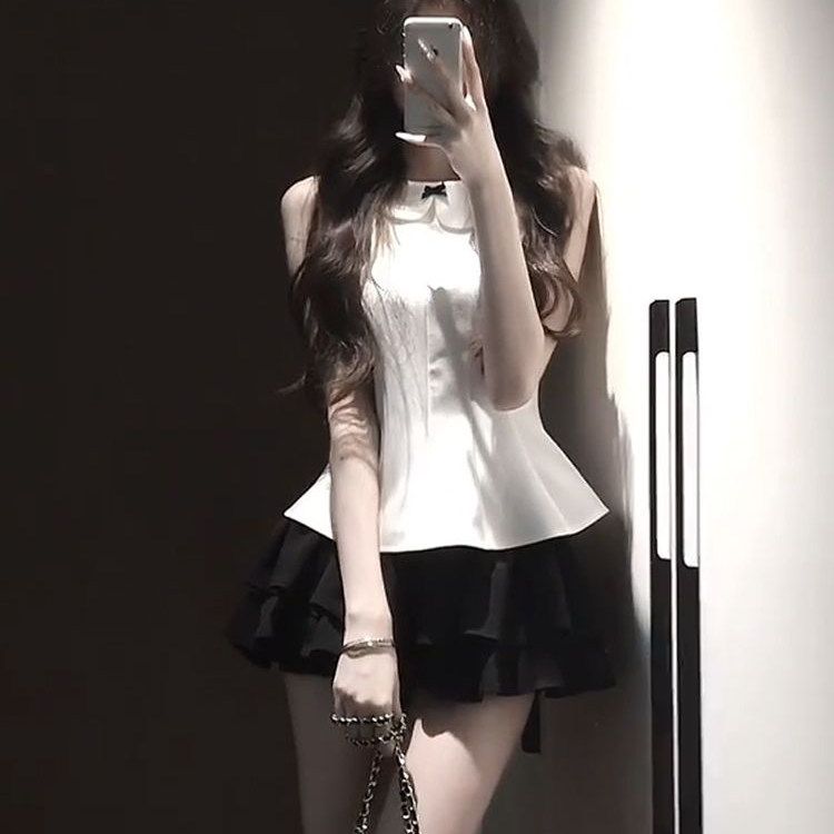 miu 부서 ootd 전체 집합 나비 매듭 민소매 맨위 검정색 반 스커트 여성 여름 고유 한 아름다운 착용 가져 가라. 세트