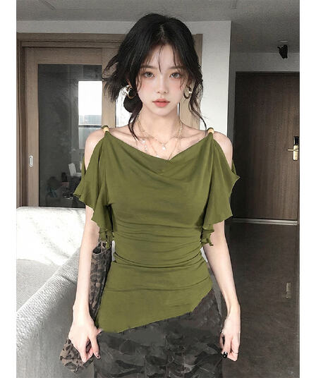 도파민 녹색 흔들다 칼라 프릴 오프숄더 티셔츠 여성 여름 착용 가져 가라. 품격 핫걸 바람 허리 수축 슬림해 보이는 맨위