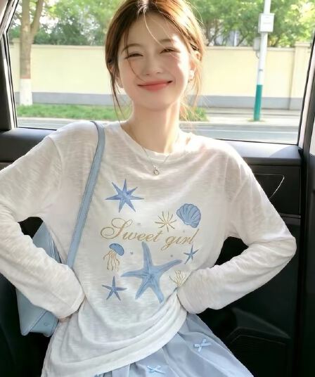 180 그램 아마 눈꽃 긴팔 티셔츠 태양 보호 셔츠 기본 셔츠 블라우스 통기성 루즈핏
