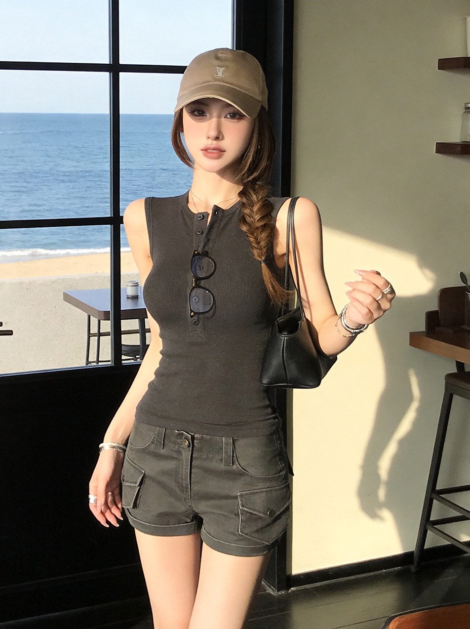 260 그램 사람들 면 한국 스타일 패션 핫걸 헨리 칼라 민소매 조끼 여성 여름 디자인 센스 몸매 가꾸기 슬림해 보이는 맨위