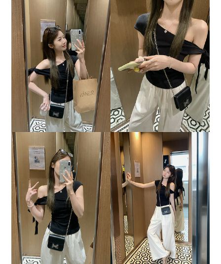 260 그램 1 1 인 면 비스듬한 어깨 오프숄더 2 착용 나비 매듭 스트랩 슬림해 보이는 꼬집기 허리 반팔 티셔츠