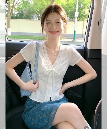 순면 자카드 원단 네리 반팔 여성 셔츠 여름 레이스업 자수 쇼트 스타일 부드러운 순수한 욕망 거품 소매 맨위