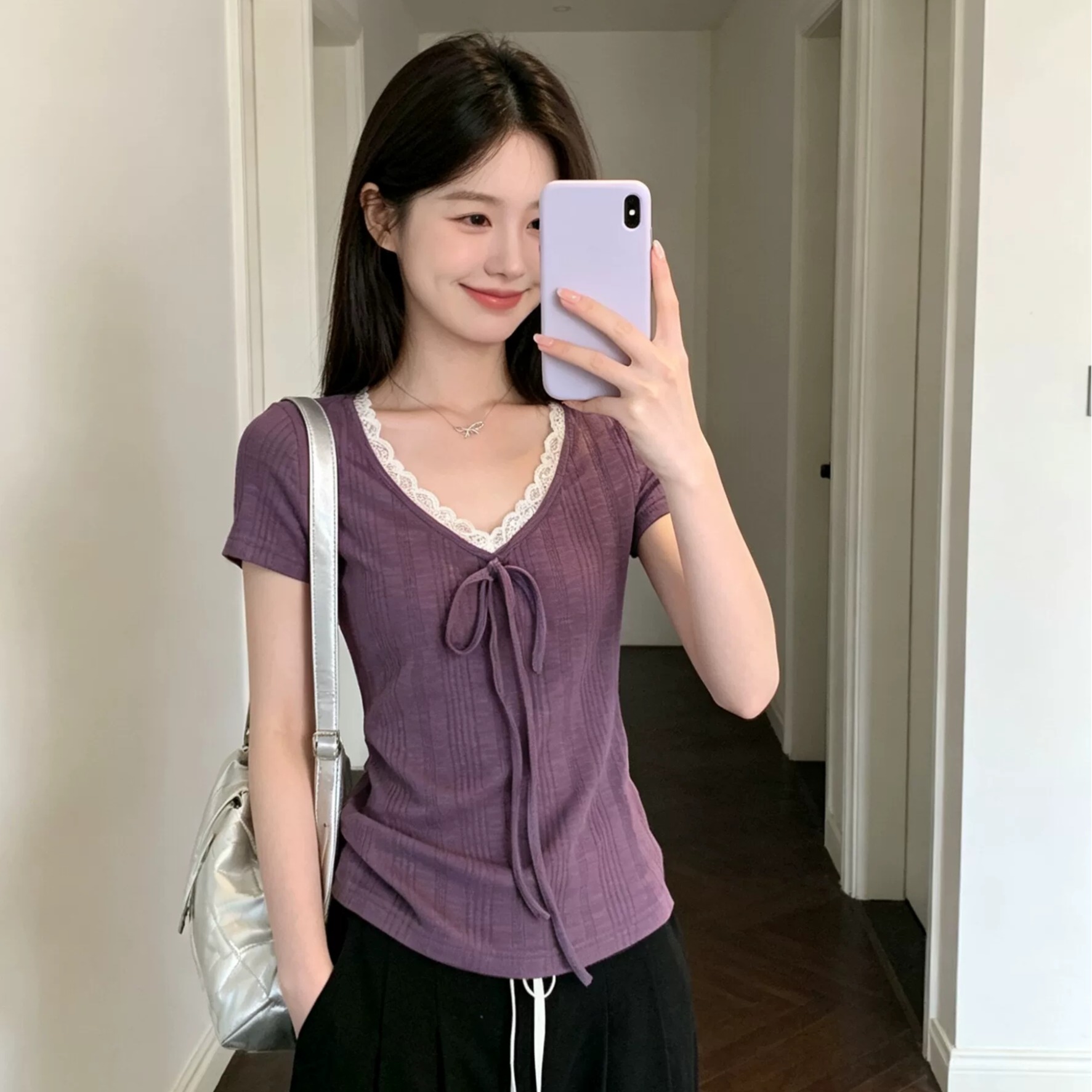 원본 원단 등나무 안개 언어 순수한 욕망 레이스 레이스 패치워크 V넥 반팔 티셔츠 여성 몸매 가꾸기 맨위
