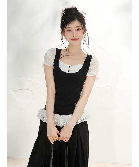 40 순면 한 부서 검정색 레이스 조각 페이크 레이어드 반팔 티셔츠 여성 여름 거품 소매 작은 대중 맨위