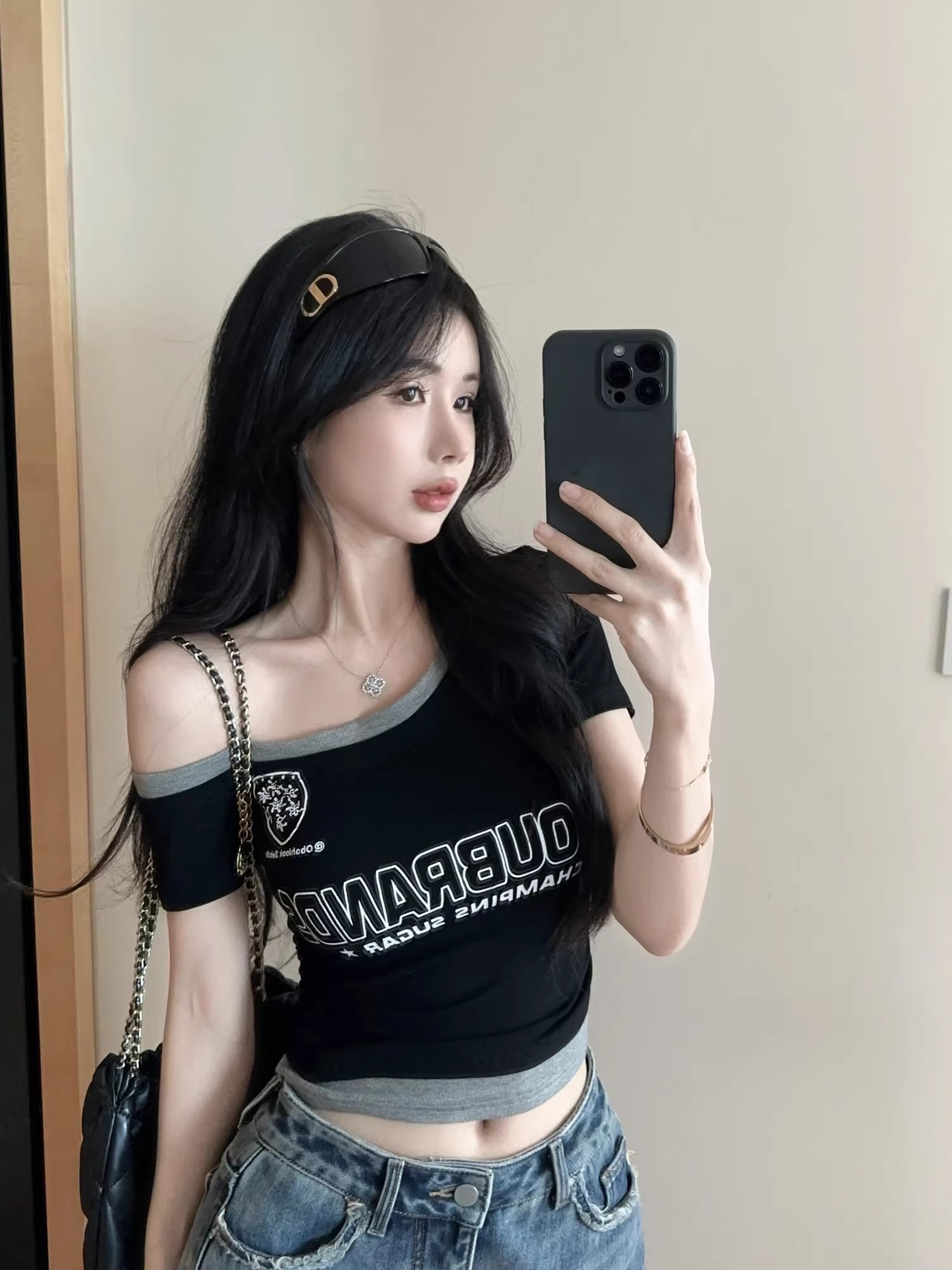 사람들 면 260 그램 페이크 레이어드 비스듬한 어깨 반팔 슬림해 보이는 쇼트 스타일 맨위