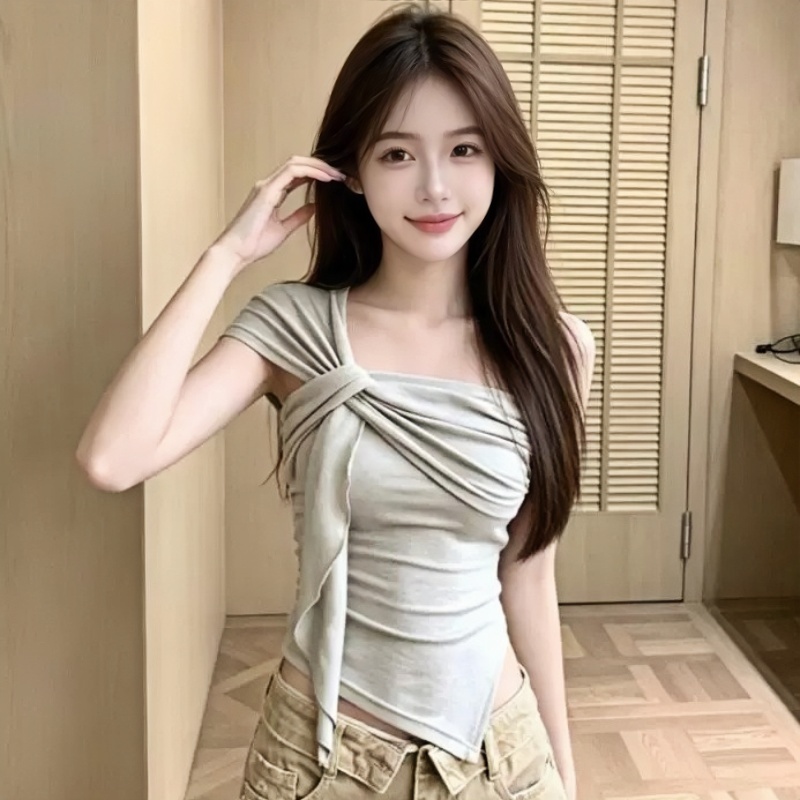 디자인 센스 불규칙 비스듬한 숄더백 길다 리본 비틀림 맨위 여성 여름 몸매 가꾸기 작은 대중 핫걸 바람 조끼 티셔츠