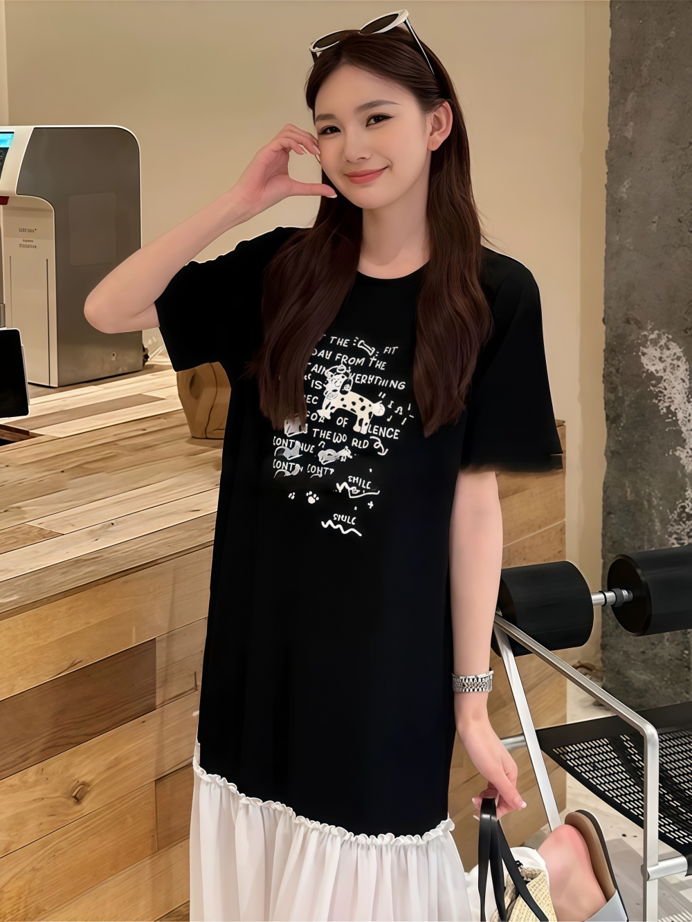 경관 그림 빅 사이즈 지방 mm 자이언트 슬림해 보이는 드레스 루즈핏 표지 배 쉬폰 패치워크 롱 스커트 유럽 상품 대 에디션 여름 드레스