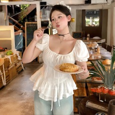 批发大码胖mm甜美风泡泡袖方领<b class='q'>白色</b>上衣女夏季新款收腰显瘦荷叶边衬衫