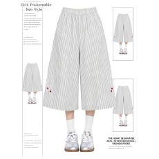 批发原版梭织 日系风直筒樱桃珠设计款女夏季2026新款竖条纹裤<b class='q'>子</b>