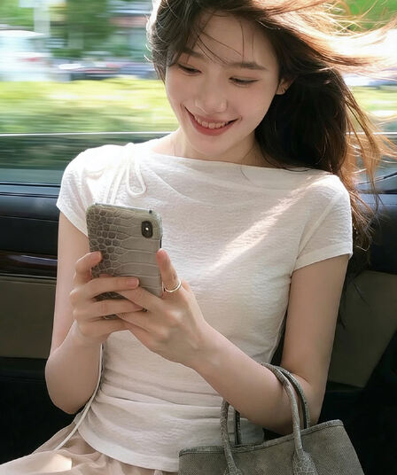 원본 대나무 마디 주름 프랑스식 패션 작은 대중 반팔 티셔츠 여성 여름 몸매 가꾸기 디자인 센스 다용도 맨위