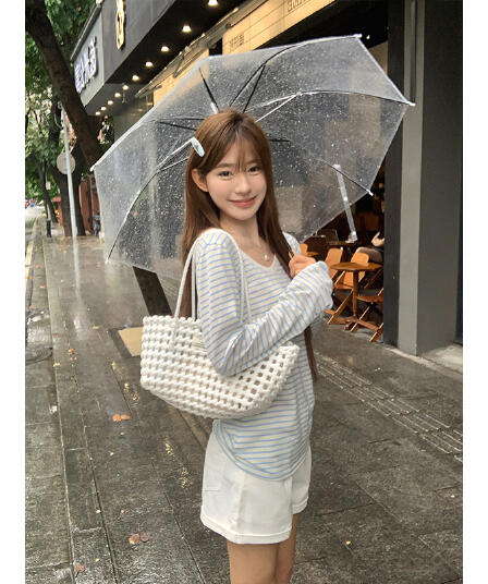 파란색 V넥 스트라이프 자외선 차단 긴팔 티셔츠 여성 여름 한 부서 느슨함 느긋한 센스 루즈핏 블라우스 맨위