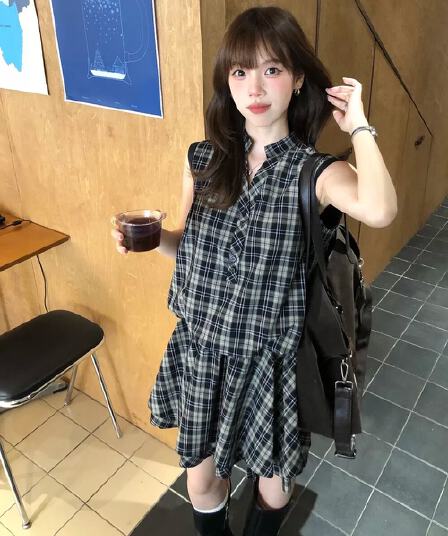 원본 원단 것 레트로 체크무늬 여성 드레스 여름 작은 키 고유 한 아름다운 루즈핏 품격 미니 스커트