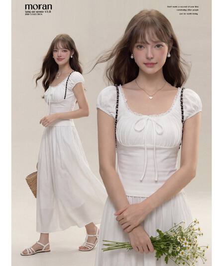 광장 칼라 레이스 반팔 맨위 여성 여름 새로운 순수한 욕망 바람 디자인 센스 펌프 로프 몸매 가꾸기 슬림해 보이는 화이트 티셔츠