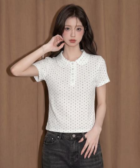도트 무늬 POLO 칼라 반팔 맨위 여성 여름 프랑스식 고유 한 아름다운 몸매 가꾸기 긍정적 인 어깨 쇼트 스타일 티셔츠