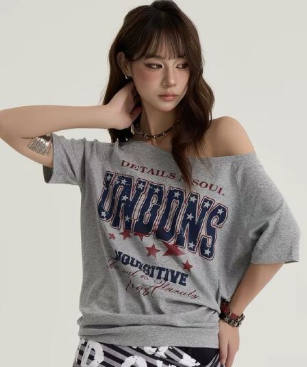 220 그램 92 면 8 암모니아 Lun 아메리칸 핫걸 비스듬한 어깨 알파벳 프린트 반팔 티셔츠 여성