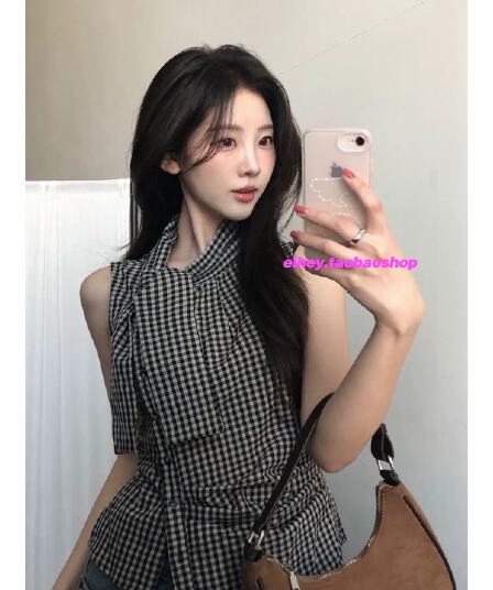eihey 어 이봐 한 부서 레트로 체크무늬 나비 넥타이 허리 수축 주름 디자인 센스 슬림해 보이는 민소매 조끼 품격 맨위