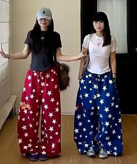아메리칸 레트로 별 전체 인쇄 와이드 레깅스 바지 하이웨이스트 루즈핏 춤추기 운동 바지 느긋한 캐주얼 긴 바지