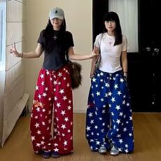 批发美式复古星星满印阔腿裤女高腰宽松跳舞运动裤慵懒休闲<b class='q'>长裤</b>