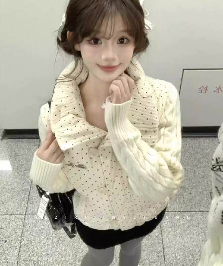 한 부서 달콤함 도트 무늬 니트 패치워크 긴팔 면 의류 여성 코트 겨울 루즈핏 두꺼운 쇼트 스타일 보온 패딩 재킷
