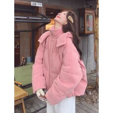 批发2026超好看的韩系灯芯绒立领连帽羽绒棉服女款冬季宽松外套