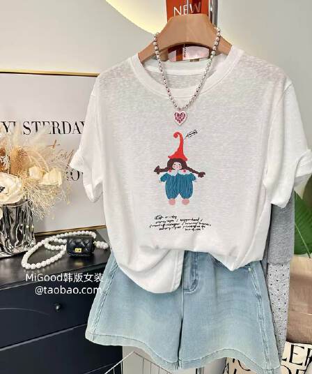 눈꽃 면 특별 빅 사이즈 300 근 한 부서 빨간 모자 소녀 프린트 루즈핏 눈꽃 면 티셔츠 여성 여름