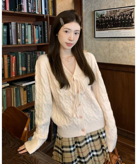 핑크색 부드러운 찹쌀 꽈배기 끈 V넥 스웨터 여성 겨울 긴팔 니트 카디건 코트 맨위