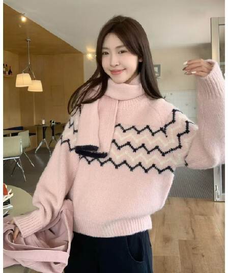 2026 봄 새로운 한 부서 공정한 섬 자카드 스웨터 여자 부드러운 찹쌀 스카프 칼라 루즈핏 니트 맨위