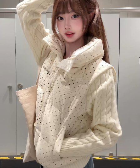 한 부서 달콤함 도트 무늬 니트 패치워크 긴팔 면 의류 여성 코트 겨울 루즈핏 두꺼운 쇼트 스타일 보온 패딩 재킷