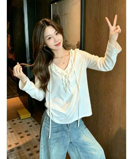 눈꽃 면 달콤한 스타일 V넥 프릴 레이스업 티셔츠 여성 디자인 센스 작은 대중 다용도 루즈핏 슬림해 보이는 맨위 여름