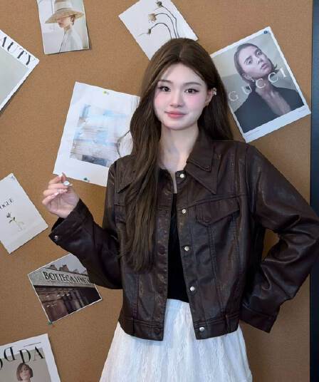 레트로 항구 바람 쇼트 스타일 가죽 재킷 여성 2026 가을 새로운 패션 폴로 칼라 슬림해 보이는 작은 키 가죽 자켓 재킷 트렌디