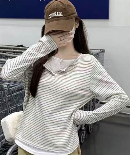 원본 광저우 원단 원본 솜씨 한 부서 헨리 칼라 페이크 레이어드 스트라이프 긴팔 맨위
