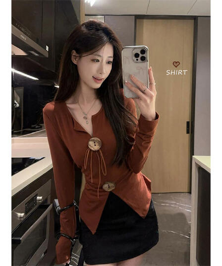 원본 원단 품질 V넥 긴팔 티셔츠 맨위 이른 가을 새로운 레트로 단추 레이스업 작은 셔츠