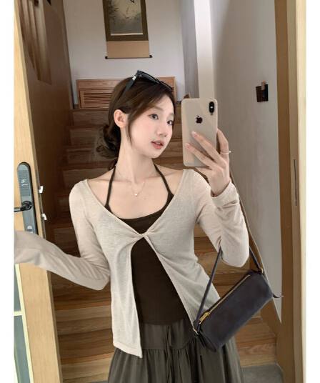 원본 품질 주간 실크 경기 260 그램 사람들 면 행침 목 조끼 비틀림 긴팔 블라우스 맨위 투피스 세트