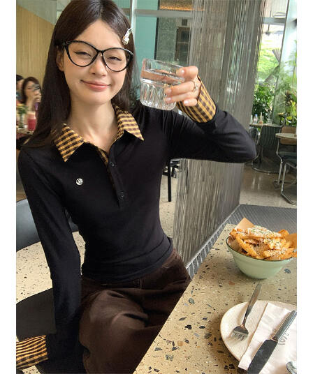 원본 원단 작은 대중 페이크 레이어드 배색 POLO 칼라 긴팔 티셔츠 이른 가을 핫걸 몸매 가꾸기 슬림해 보이는 맨위