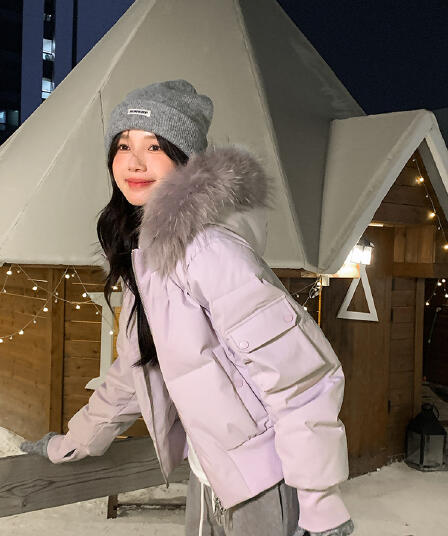 작은 마을 산산 눈 반사하다 阑珊 시뮬레이션 전갈 모피 칼라 면 의류 여성 겨울 방풍 쇼트 스타일 후드 작은 키 재킷