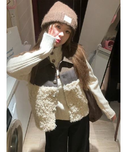 일본식 레트로 느긋한 바람 배색 털이 많은 스택 착용 조끼 조끼 여자 봄 가을 체크무늬 디자인 센스 민소매 재킷