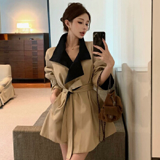 批发原版做法新款女装小个子复古风衣外套女气质撞色收腰翻领系带大衣