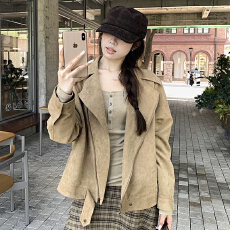 批发原版做法机车风麂皮绒外套<b class='q'>女</b>秋季<b class='q'>女</b>装酷飒风翻领修身工装短款夹克
