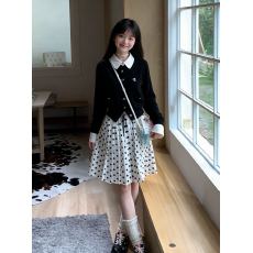批发学院风早秋穿搭一整套撞色拼接假两件开衫<b class='q'>T</b><b class='q'>恤</b>+波点半身<b class='q'>裙</b>子两件套