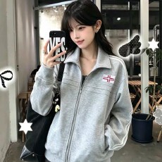 批发美式复古压褶绣标织带立领拉链开衫外套女秋季宽松运动休闲上衣<b class='q'>潮</b>