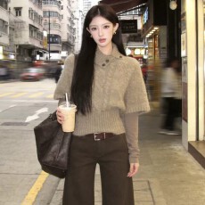 批发老钱风穿搭高领麻花收腰针织衫<b class='q'>女</b>慵懒风百搭显瘦套头中袖毛衣上衣