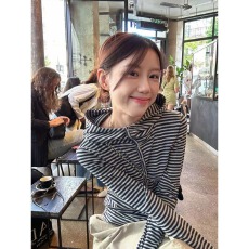 批发原版品质 复古风显瘦设计感撞色连帽衫指套长袖T恤上衣女