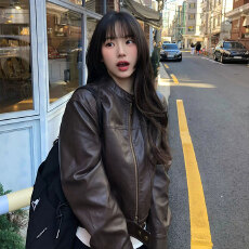 批发PU皮面料+内里 美式做旧肌理立领短款机车皮夹克女