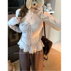 批发【羊毛绒】纯欲风蕾丝拼接长袖T恤女秋季甜美V领<b class='q'>荷叶边</b>系带上衣