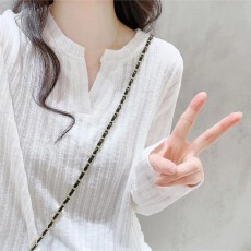 韩系肌理感V领长袖T恤女秋季大尺码显瘦宽松遮肚上衣内搭打底衫