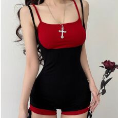 批发<b class='q'>欧美</b>性感假两件撞色吊带<b class='q'>连体裤女</b>外穿健身连衣裤瑜伽休闲运动短裤