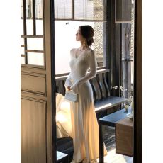 批发从一时刻不知雪温柔氛围感蕾丝<b class='q'>v领</b>针织<b class='q'>连衣裙</b>收腰显瘦a摆长裙